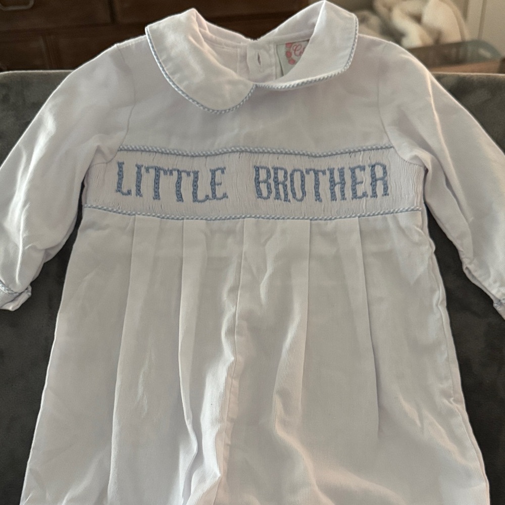 Little Brother White and Blue Romper with smocking